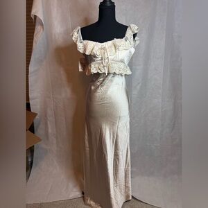 Ivory Lace Trim Satin Maxi Dress